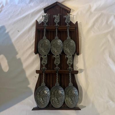 Dutch Pewter Spoons With Wooden Wall Mount Holder (K-MG)