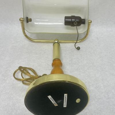 Stratford Collection Brass Finish Bankers Lamp Wood Accent & Opal Glass Shade