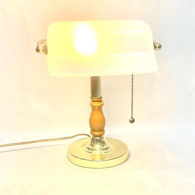 Stratford Collection Brass Finish Bankers Lamp Wood Accent & Opal Glass Shade