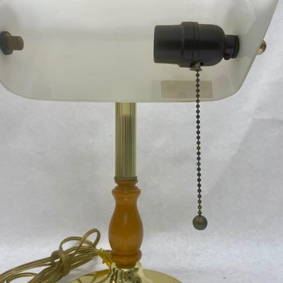 Stratford Collection Brass Finish Bankers Lamp Wood Accent & Opal Glass Shade