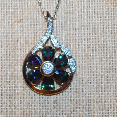 6 Iridescent Pear Shape Stones PENDANT (1½" x 1") with Side Accents on a Silver Tone Necklace Chain 17" L
