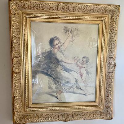 Lady and Cherub by Francesco Bartolozzi Framed color Pastel Chalk Angels Gilded Gold Frame