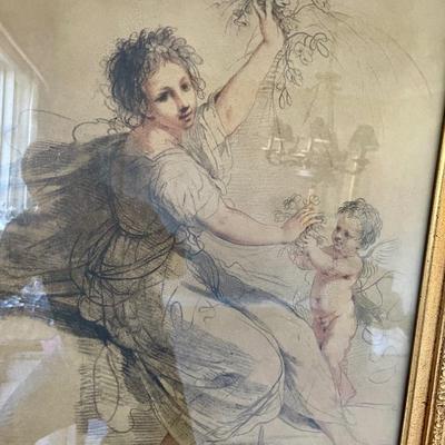Lady and Cherub by Francesco Bartolozzi Framed color Pastel Chalk Angels Gilded Gold Frame