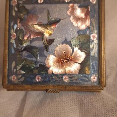 Vintage Enesco hummingbird trinket box glass and brass