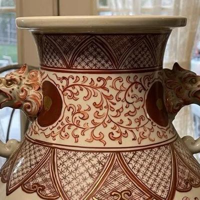 Early Japanese Kutani/Satsuma Hand Painted Signed Red/Gold Mark Vase from 1800's 15.5" Tall & w/Base 17" Tall...