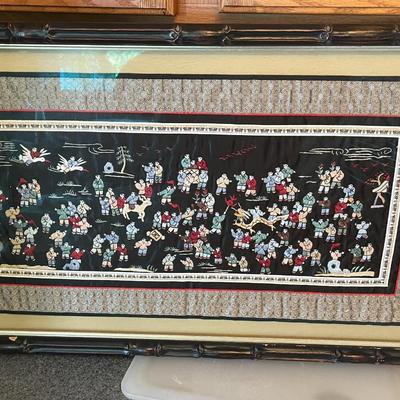 Vintage Chinese Silk Embroidery “100 Children Playing” Decorative Art Frame Size 17.75" x 31.50" (Artwork in Great Shape Frame...