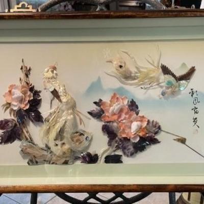 Beautiful Vintage Framed Asian Inspired 3-Dimensional Mother of Pearl Shell Art. Wall Decor Encased Frame Size 15.5" x 27" in...