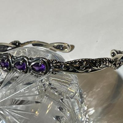 New Never Used CAROLYN POLLACK 925 Sterling Silver AMETHYST Swirl Cuff Bracelet Standard Size. (Jewelry #6).