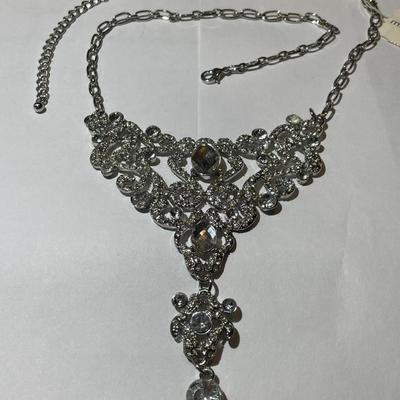 Vintage Miriam Haskell (Unsigned) Silver-tone Metal Rhinestone Crystal Necklace w/Paper Tag as Pictured.