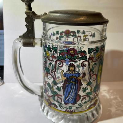 Vintage German Folk Art Beer Stein Glass Beer Stein/Mug with Pewter Lid Illustrated Bavarian w/Man & Woman w/Florals,