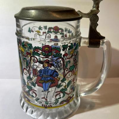 Vintage German Folk Art Beer Stein Glass Beer Stein/Mug with Pewter Lid Illustrated Bavarian w/Man & Woman w/Florals,