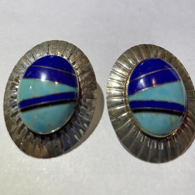 Vintage Southwest Sterling Silver Lapis & Turquoise Inlaid Post/Stud Earrings in VG Preowned Condition.