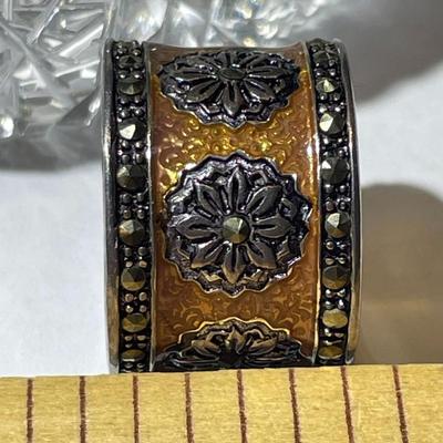 Vintage Sterling Silver Enameled Cigar Band Ring w/Marcasite Borders Ring Size 7-3/4 in VG Preowned Condition as Pictured.