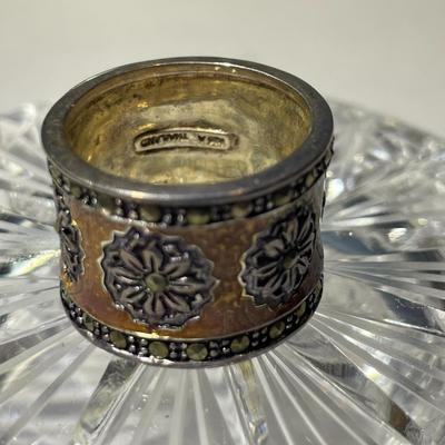 Vintage Sterling Silver Enameled Cigar Band Ring w/Marcasite Borders Ring Size 7-3/4 in VG Preowned Condition as Pictured.