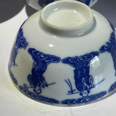 10 Vintage/Antique Chinese Immortal Blue/White Porcelain Rice Bowls 4" Diameter in Good Preowned Condition.