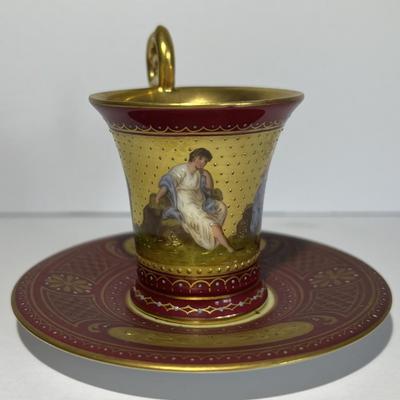 Antique RARE Royal Vienna Beehive Red/Gold Cameo Teacup & Saucer c1875 3" Cup & 4-1/8" Saucer in VG Preowned Condition.