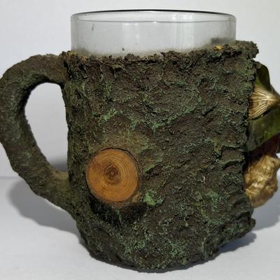Antique/Vintage Carved Wooden Hand Painted Overlay Mug/Glass 5-1/8" Tall in Good Preowned Condition.