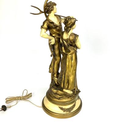 441 Antique French Farm Boy and Girl Metal Lamp by L & F Moreau