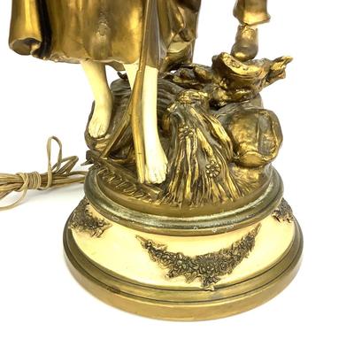 441 Antique French Farm Boy and Girl Metal Lamp by L & F Moreau