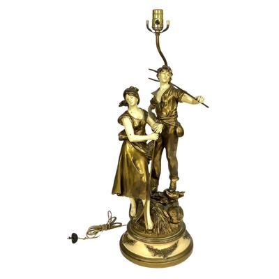 441 Antique French Farm Boy and Girl Metal Lamp by L & F Moreau