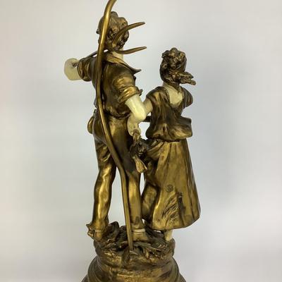 441 Antique French Farm Boy and Girl Metal Lamp by L & F Moreau