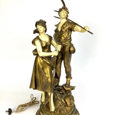 441 Antique French Farm Boy and Girl Metal Lamp by L & F Moreau
