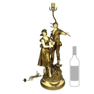 441 Antique French Farm Boy and Girl Metal Lamp by L & F Moreau
