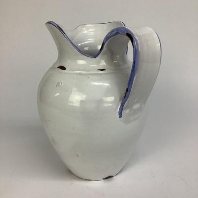 443 Vintage Italian Terracotta Pitcher Glazed White/Blue