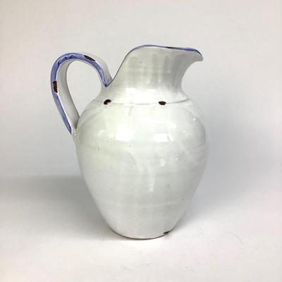 443 Vintage Italian Terracotta Pitcher Glazed White/Blue