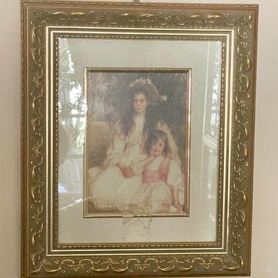 Two Sisters by Robert Edward Morrison and Summer Blooms by Sigismund Goetze framed in vintage gilded gold frame