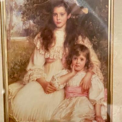 Two Sisters by Robert Edward Morrison and Summer Blooms by Sigismund Goetze framed in vintage gilded gold frame