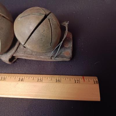 ANTIQUE SLEIGH BELLS ON LEATHER STRAP