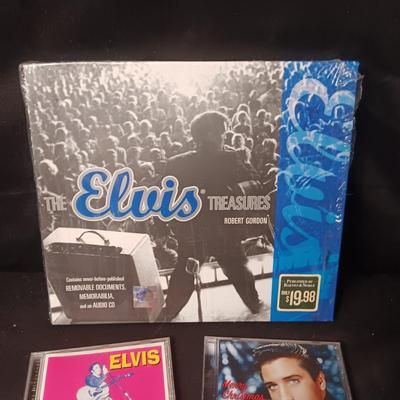 ELVIS TREASURES COFFEE TABLE BOOK AND 3 MUSIC ON CD'S