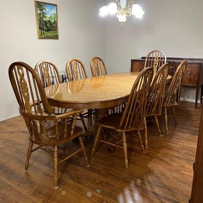 Solid Oak Claw Foot Adjustable Trestle Table & Eight Chairs