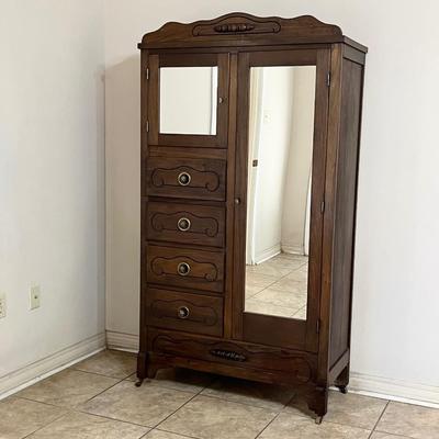 Vtg. Solid Wood Chifforobe On Casters