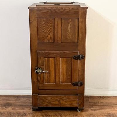Vtg. Solid Wood Ice Box With Casters