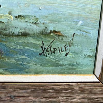H. GAILEY (Noted Artist) Oil/Acrylic on Canvas Seascape Scene Frame Size 28" x 40" in Good Preowned Condition.