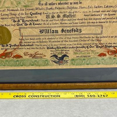 1936 US Navy Certificate "Domain of the Neptunas Rex" USS Phelps