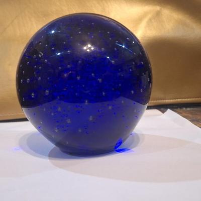 Vintage Cobalt Blue Glass 4” Paperweight Controlled Bubbles Bullicante Metallic