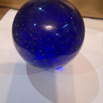 Vintage Cobalt Blue Glass 4” Paperweight Controlled Bubbles Bullicante Metallic