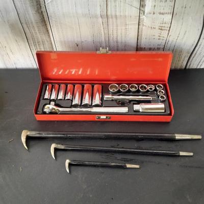 Nice Thorsen socket set with metal storage box and three lady foot rolling head pry bars