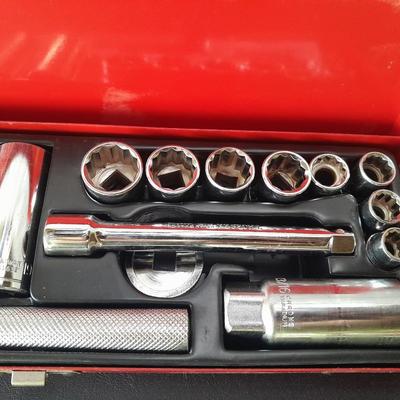 Nice Thorsen socket set with metal storage box and three lady foot rolling head pry bars