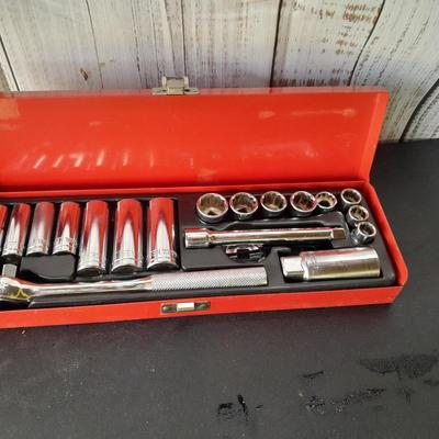 Nice Thorsen socket set with metal storage box and three lady foot rolling head pry bars