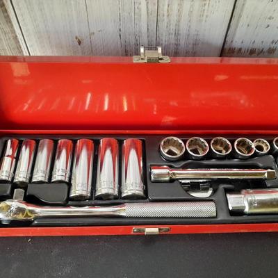 Nice Thorsen socket set with metal storage box and three lady foot rolling head pry bars