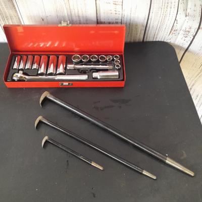 Nice Thorsen socket set with metal storage box and three lady foot rolling head pry bars
