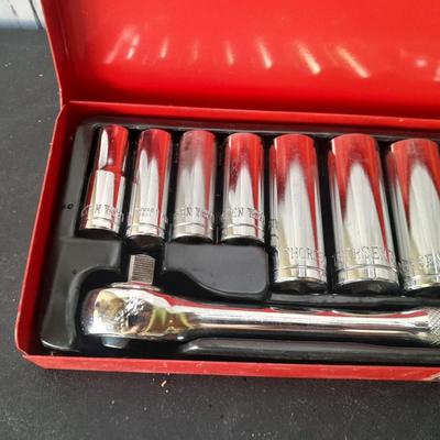Nice Thorsen socket set with metal storage box and three lady foot rolling head pry bars