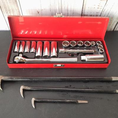 Nice Thorsen socket set with metal storage box and three lady foot rolling head pry bars