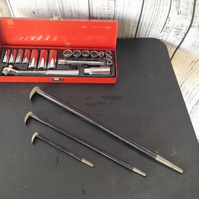 Nice Thorsen socket set with metal storage box and three lady foot rolling head pry bars