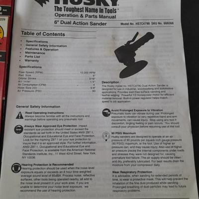 Brand new Husky 6" Dual Action Sander with instructions and brand-new sanding discs