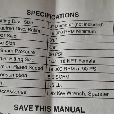 Central Pneumatic 3" High Speed Air cutter - with instructions - Like new! with metal cut off wheels
